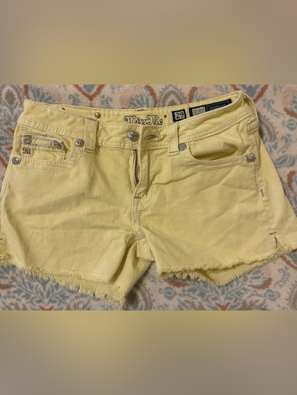 Miss Me Pale Yellow Frayed Hem Denim Shorts